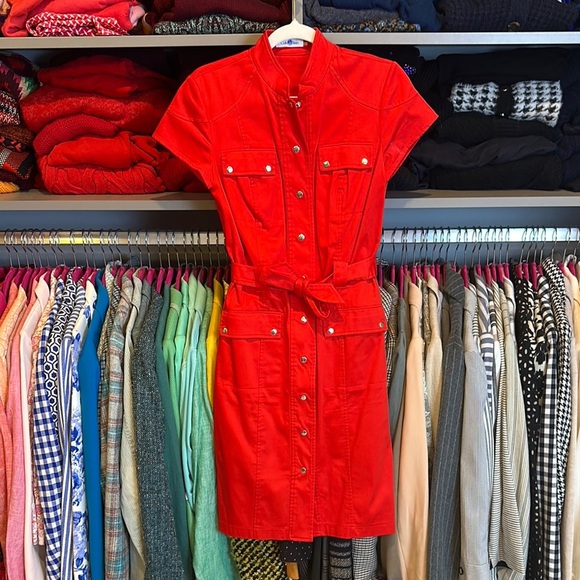 Calvin Klein red snap front closure belted 4 pocket dress size 2 - Picture 1 of 3